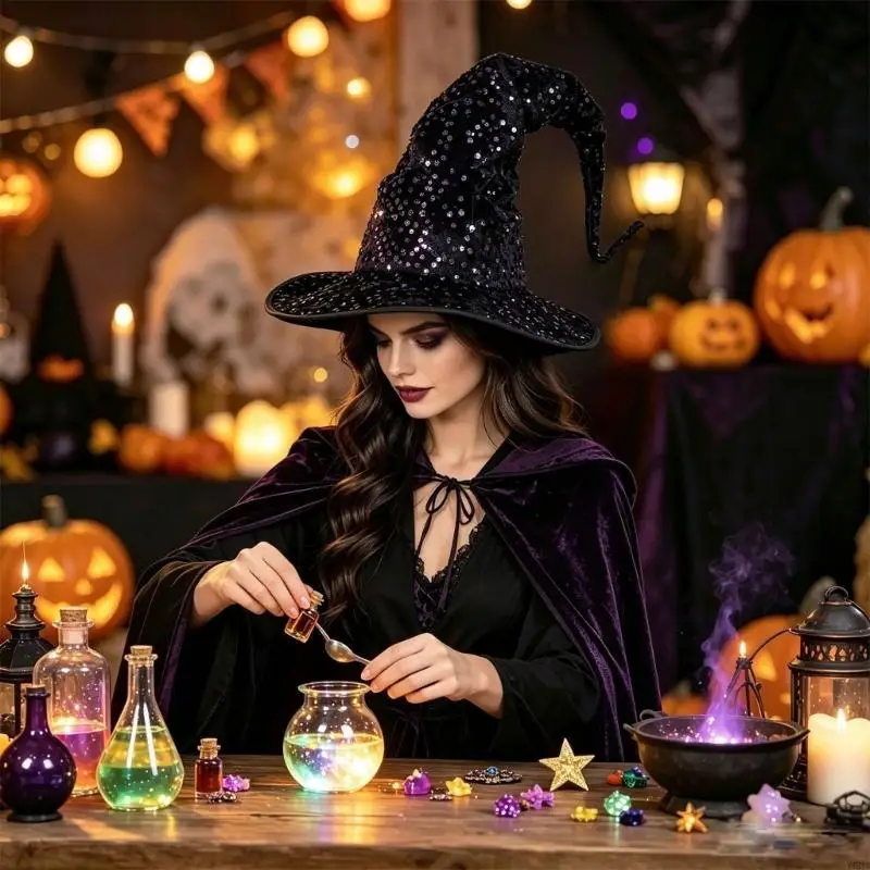 Witch Costume Hat with Stitched Sequins, Wide Brims, and Long Curved Point for Parties, Stage Shows, and Cosplay Y08E