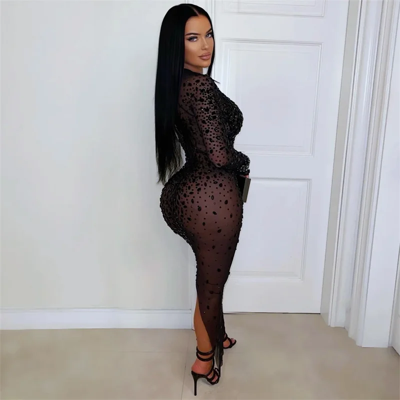Doyerl Mesh See Through Zwarte Strass Jurk Luxe Sexy Vrouw Nachtclub Party Lange Mouw Terug Split Bodycon Maxi Jurken