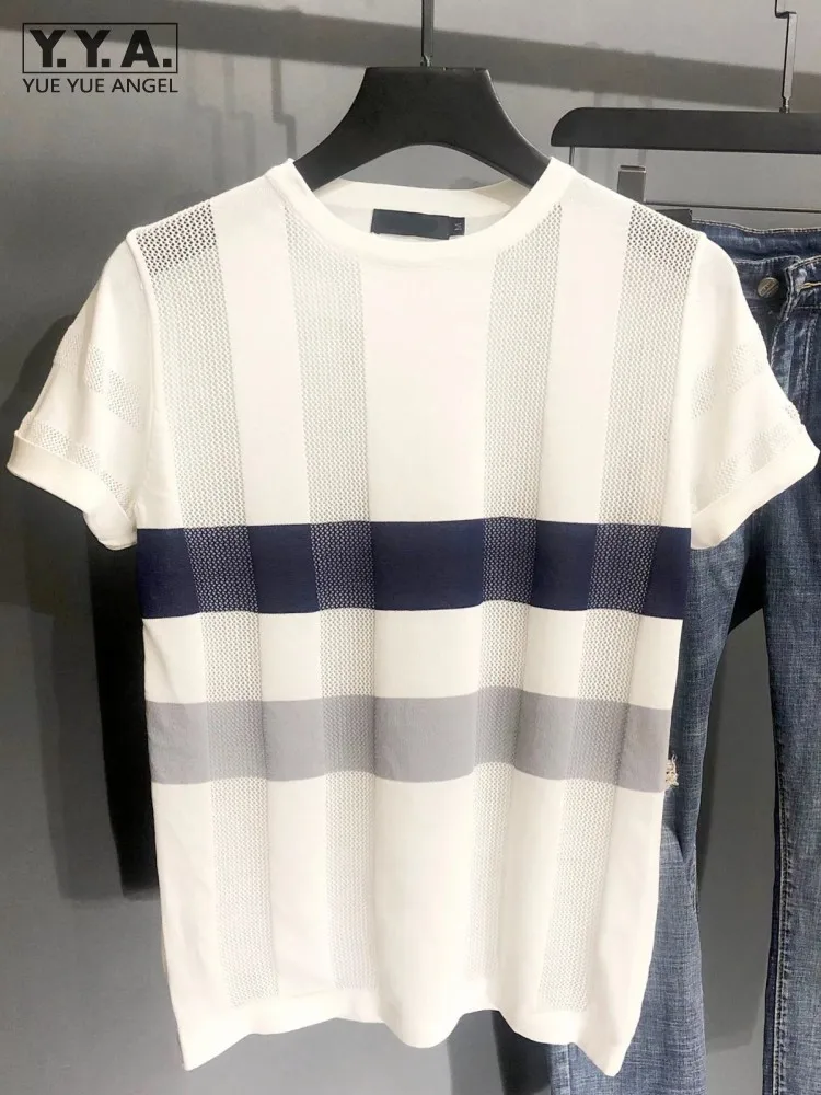 

Summer O-Neck Hollow Out T Shirt Men Thin Breathable Short Sleeve Knitting Tops Male Casual Striped Slim Fit Pullover T Shirt