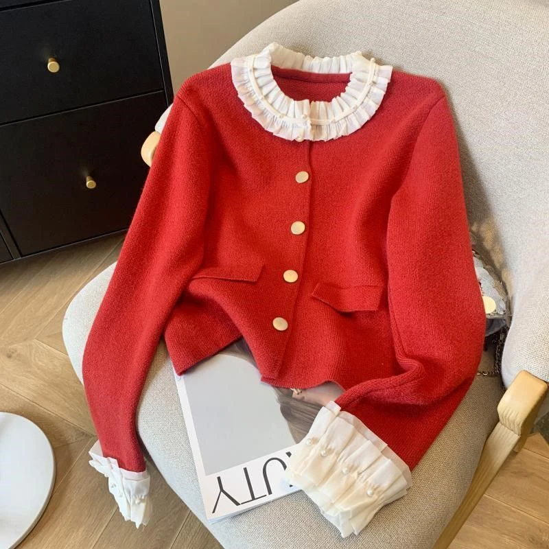 MEXZT Vintage White Knitted Cardigan Women Pink Lace Patchwork Sweater Outerwears Korean Long Sleeve Knitwear Winter Red Jumpers