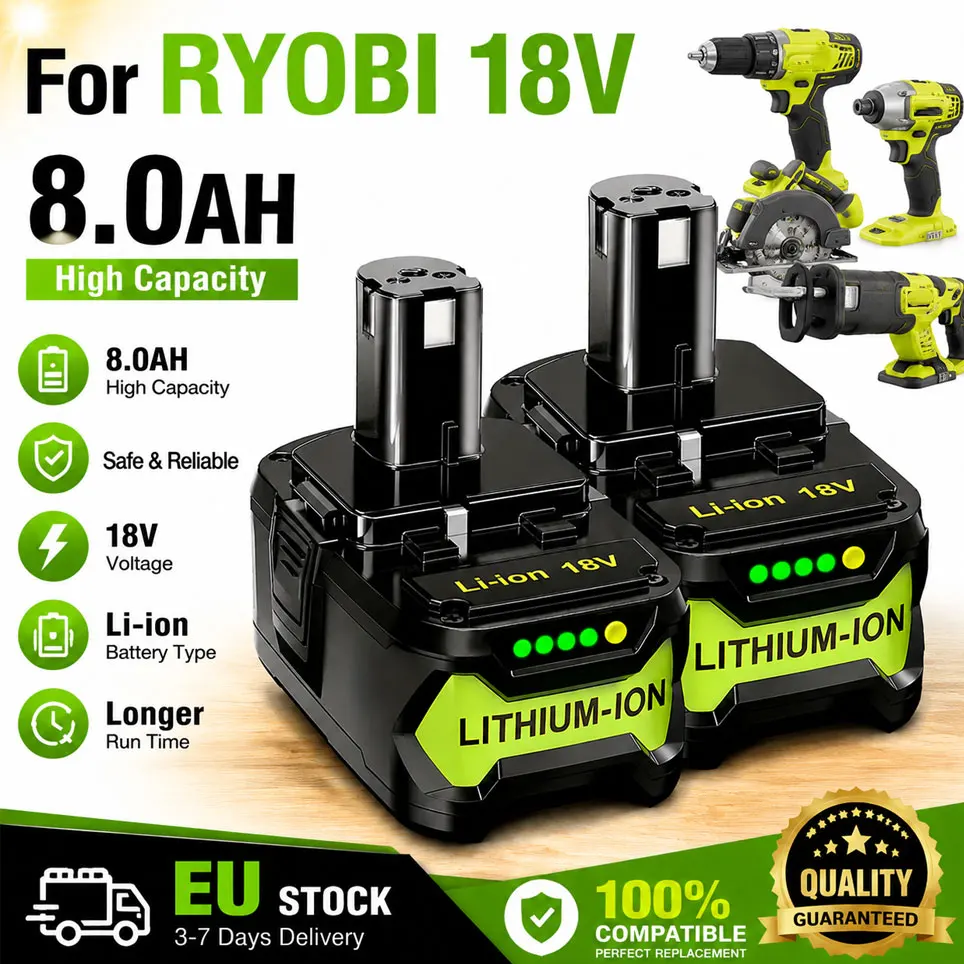 Für RYOBI P108 8Ah 18V Akku 18 Volt Lithium-Ionen Elektrowerkzeuge P104 P107 RB18L50 RB18L20 P108 18V Ladegerät Batterie