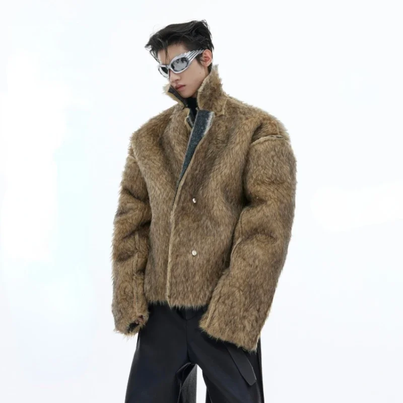 Vintage Faux Fur Jacket Men Winter Two Sides Wear Large Lapel Warm Jackets High Street Contrast Color Oversized Coat Streetwear