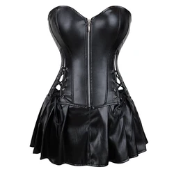 Women's Faux Leather Zipper Front Boned Bustier Corset Dress Plus Size Corsets Top With Skirt For Party 829#