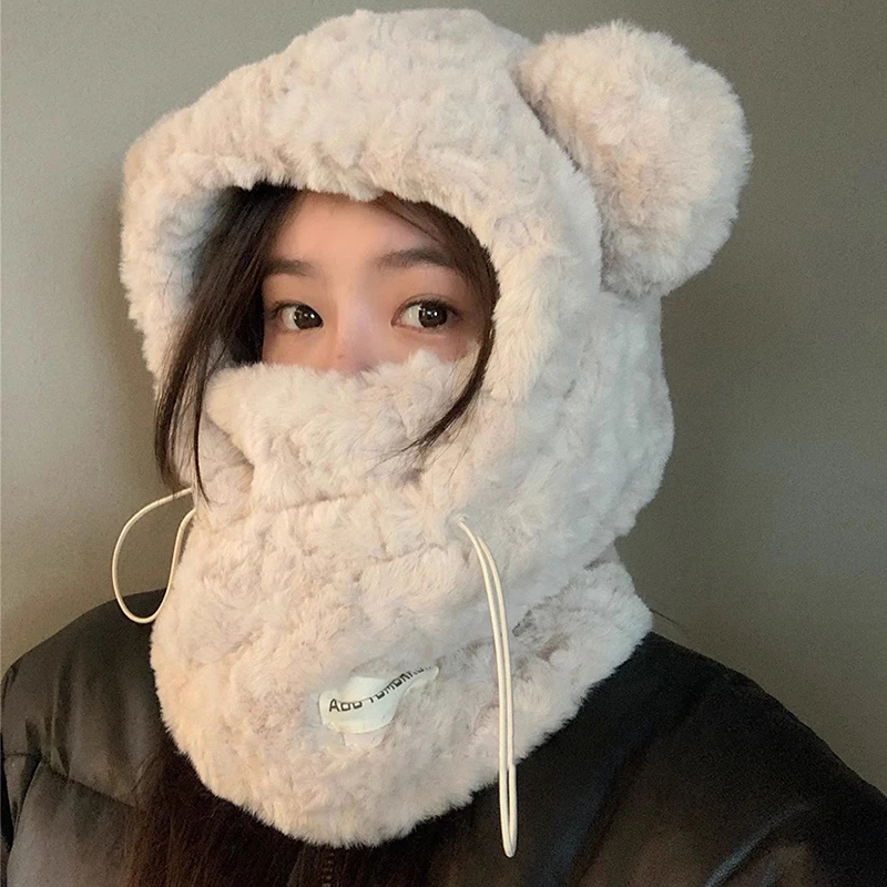 Women Winter Warm Hat Scarf Sets Plush Thickened All-in-one Kawaii Bear Ear Beanie Windproof Scarf Hooded Ear Protection Cap