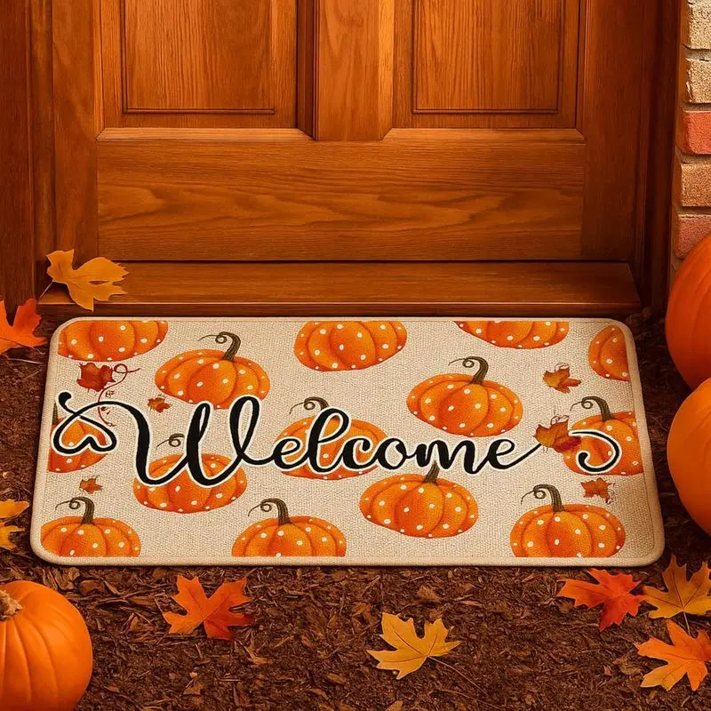 VIKAMA Fall Pumpkin Robin Bird Runner Door Mat Maple Leaf Print Non Slip Rug For Entryway Kitchen Hallway Autumn Decor