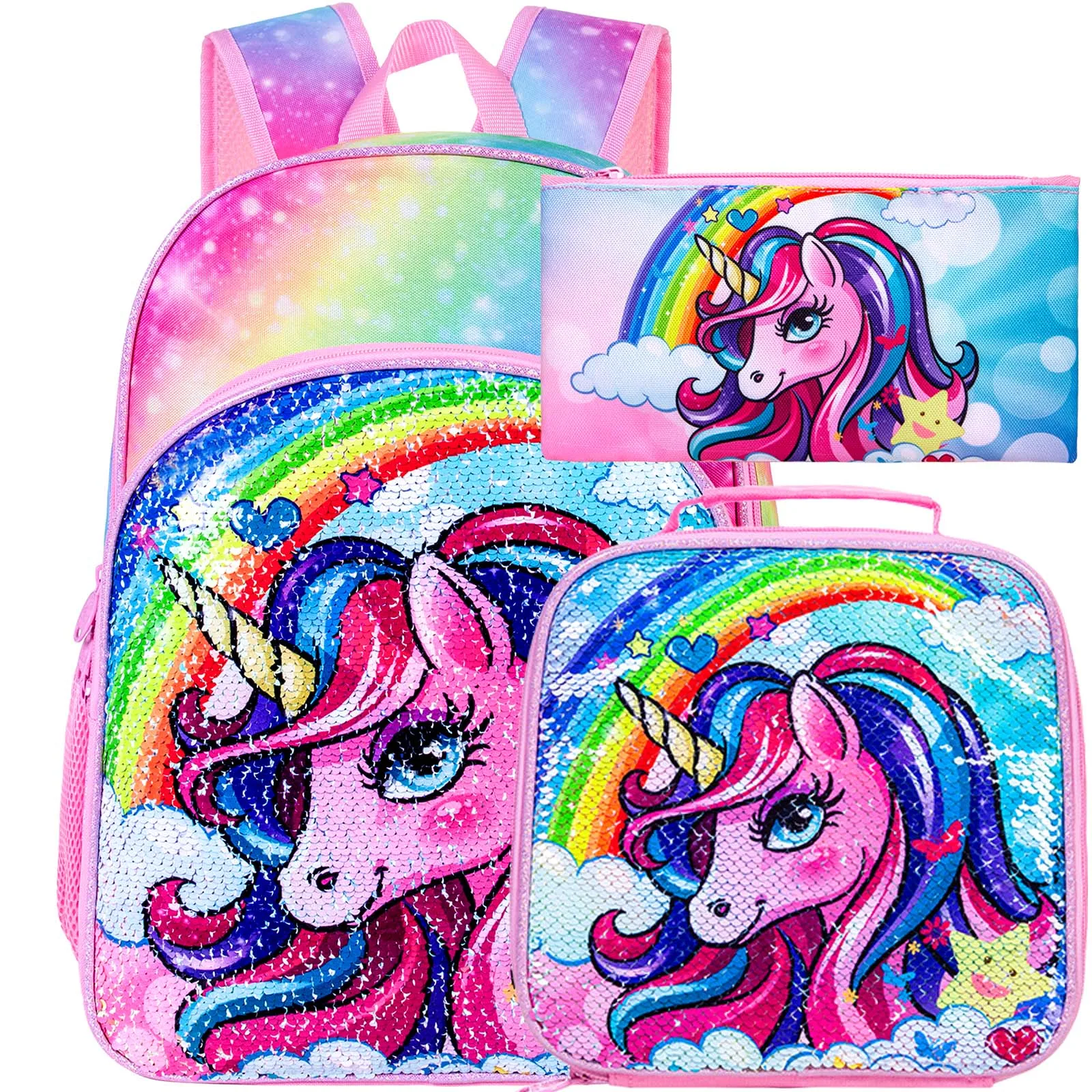 3個セット-キッズ-ユニコーン-スパンコール-スクールバッグセット-ランチボックスとペンシルケース付き-レインボープリント
