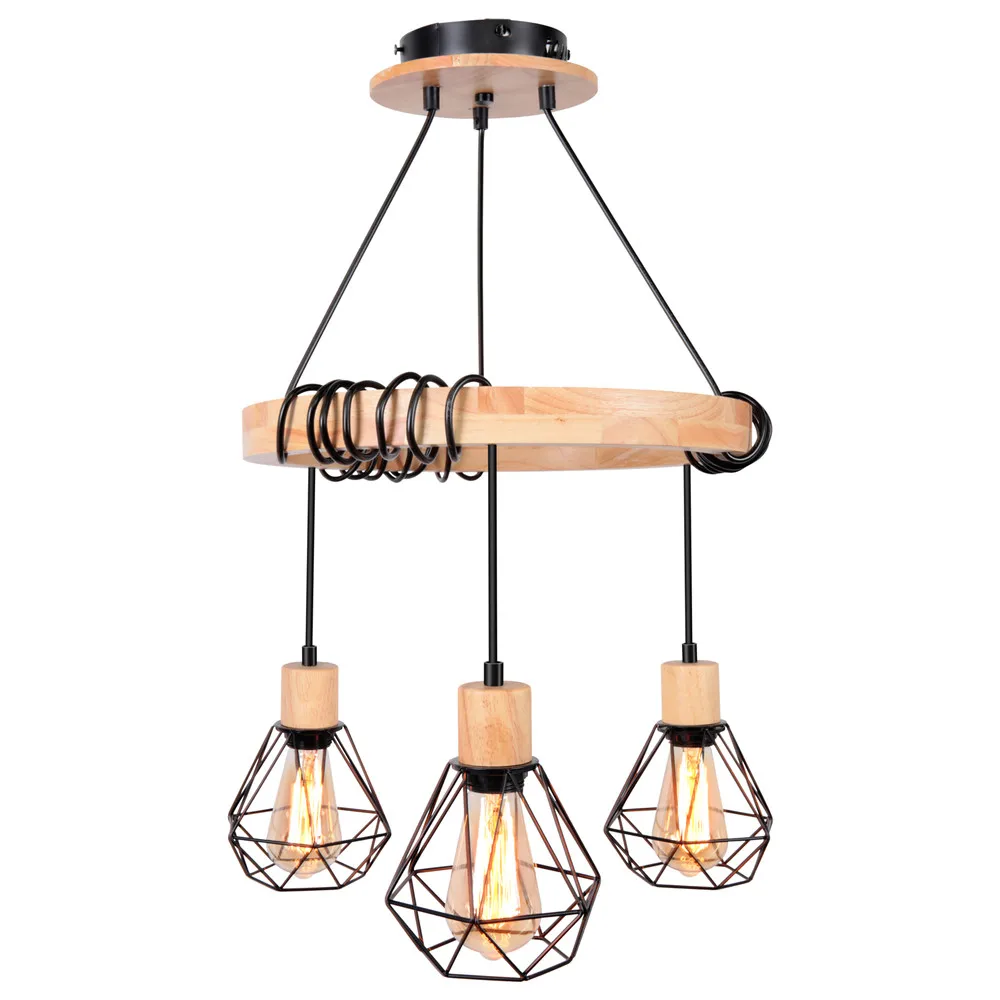 Farmhouse Chandeliers Ceiling Lights Round Wood Suspension Iron cage Hanging Light Fixtures for Kitchen Dining Room Reustanrant