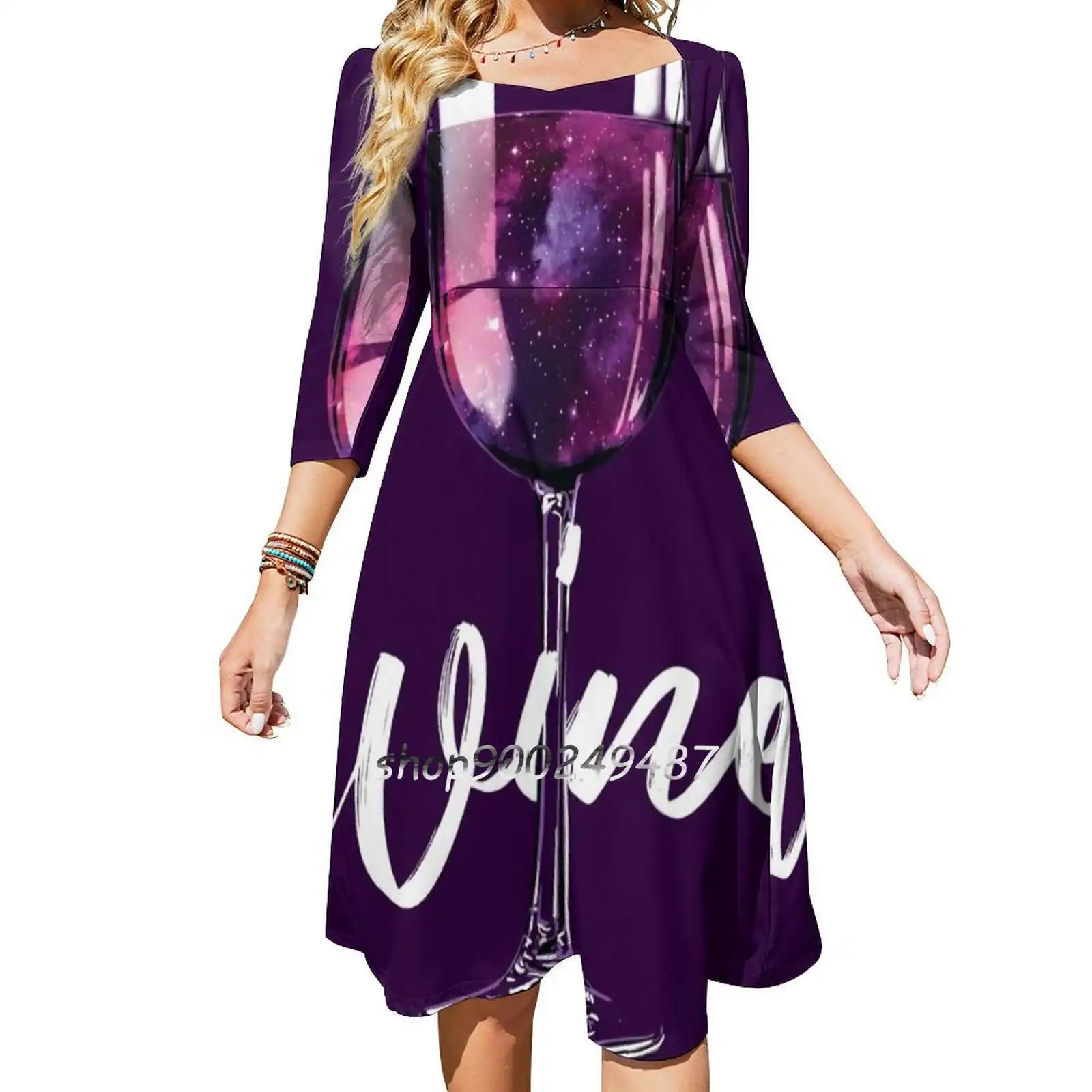 Wine Lover Galaxy Space Design Sweetheart Knot Flared Dress Fashion Design Large Size Loose Dress Wine Wine Fan Drink Drank