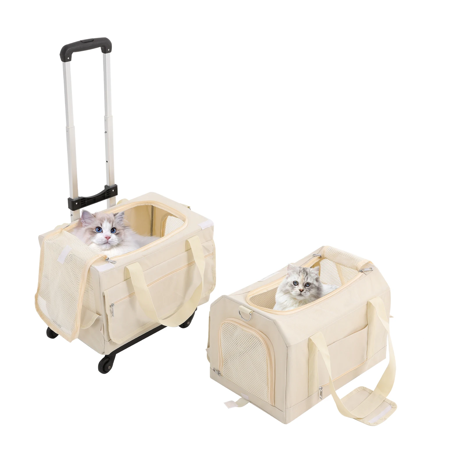 حقيبة عربة الحيوانات الأليفة باللون البيج مع نوافذ شبكية، حامل حيوانات أليفة متدحرج بطبقة مزدوجة، حامل حيوانات أليفة بعجلات لقطتين