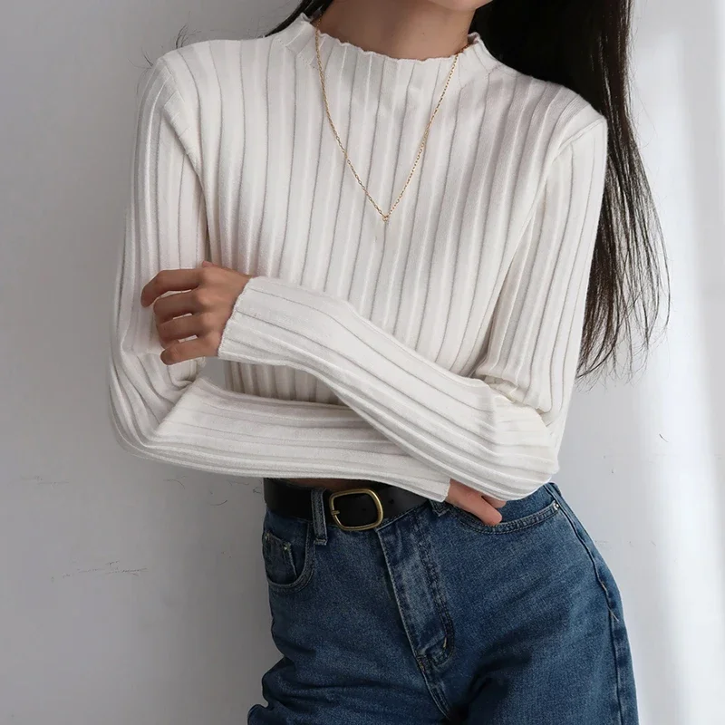 Women Vintage Knitted Long Sleeve Sweater Autumn Basic Bottoming Top Ribbed Soft Crop Elastic Pullover Solid Color Slim Jumper