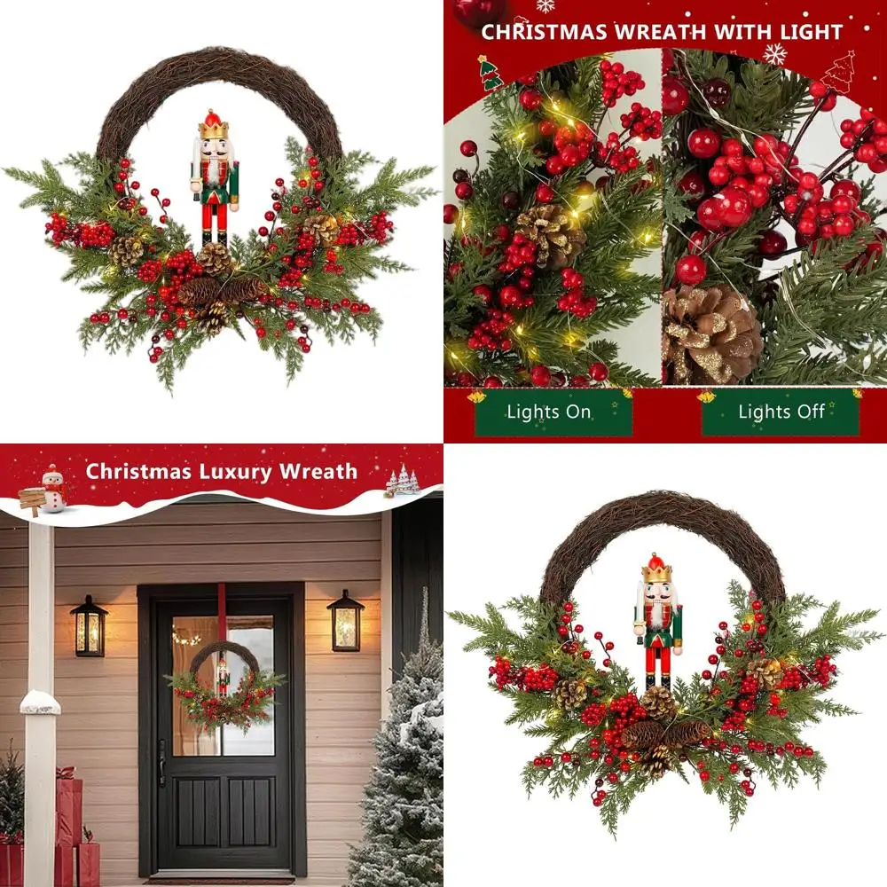 

Рождественский венок из искусственного Щелкунчика с красными ягодами, сосновыми шишками и деревянным солдатом, идеально подходящий для декора дверей или окон