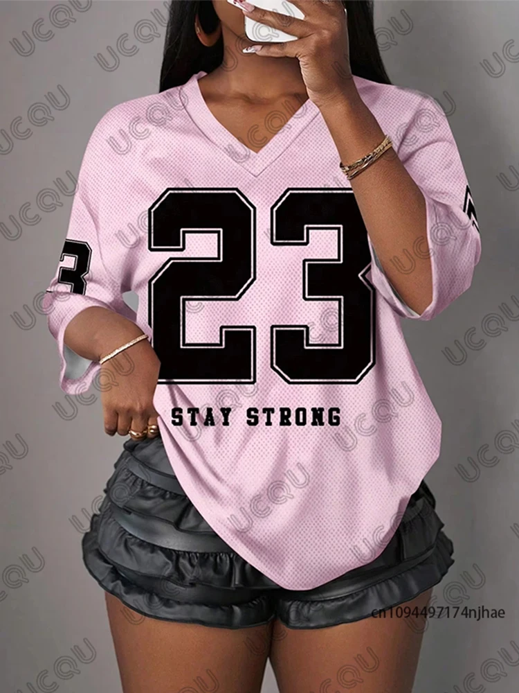 Oversized T Shirt For Women V-Neck Short Sleeve Summer Stay Strong No.23 Print Streetwear Tops Casual Football Jersey Y2k Tees