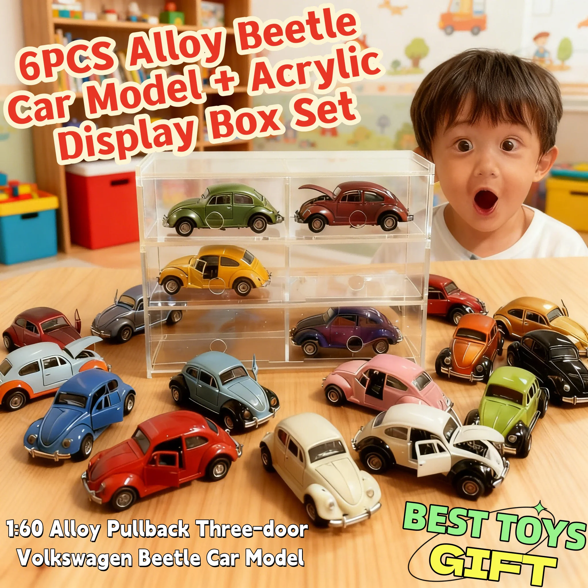 

6PCS alloy Beetle car model set, with HD display box, 1:60 scale three-door pullback car model,The Best Toys Gift for Kids/Fans