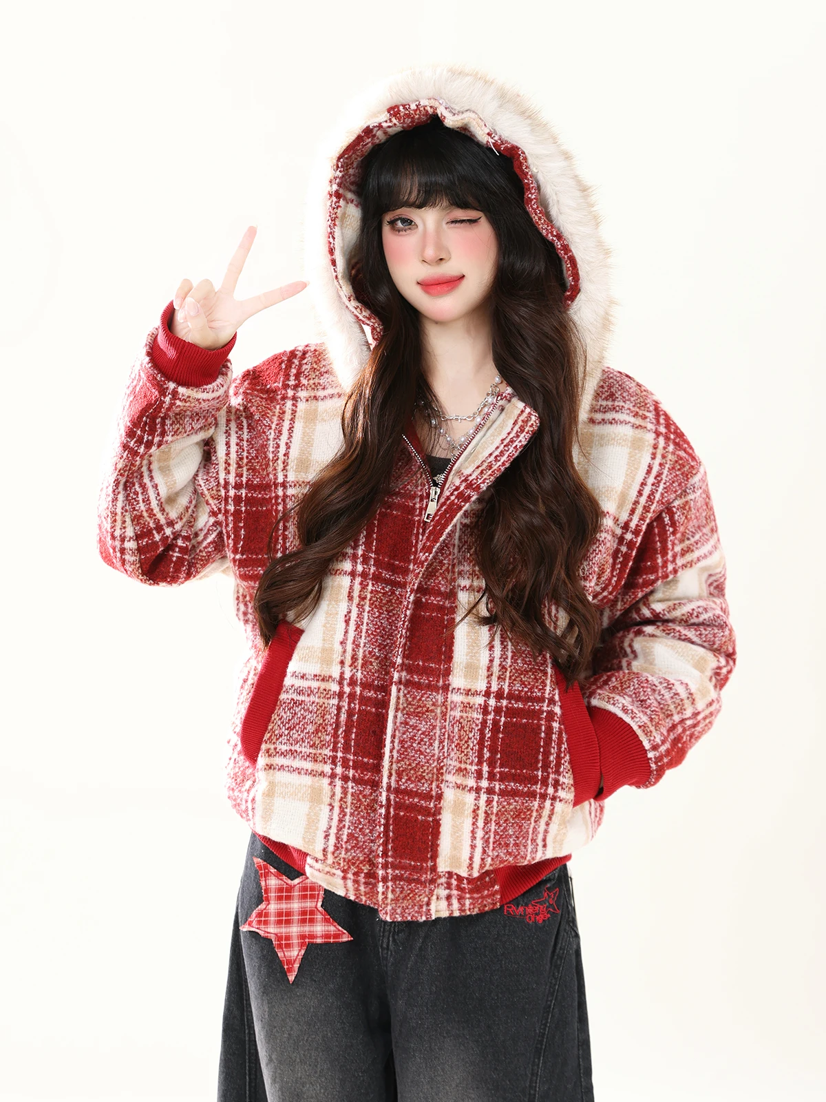 

ENJOG Retro Red Plaid Hooded Lamb Fur Jaet Women's Winter New Thiened Loose New Year Cotton Clothes Long Sve Zipper