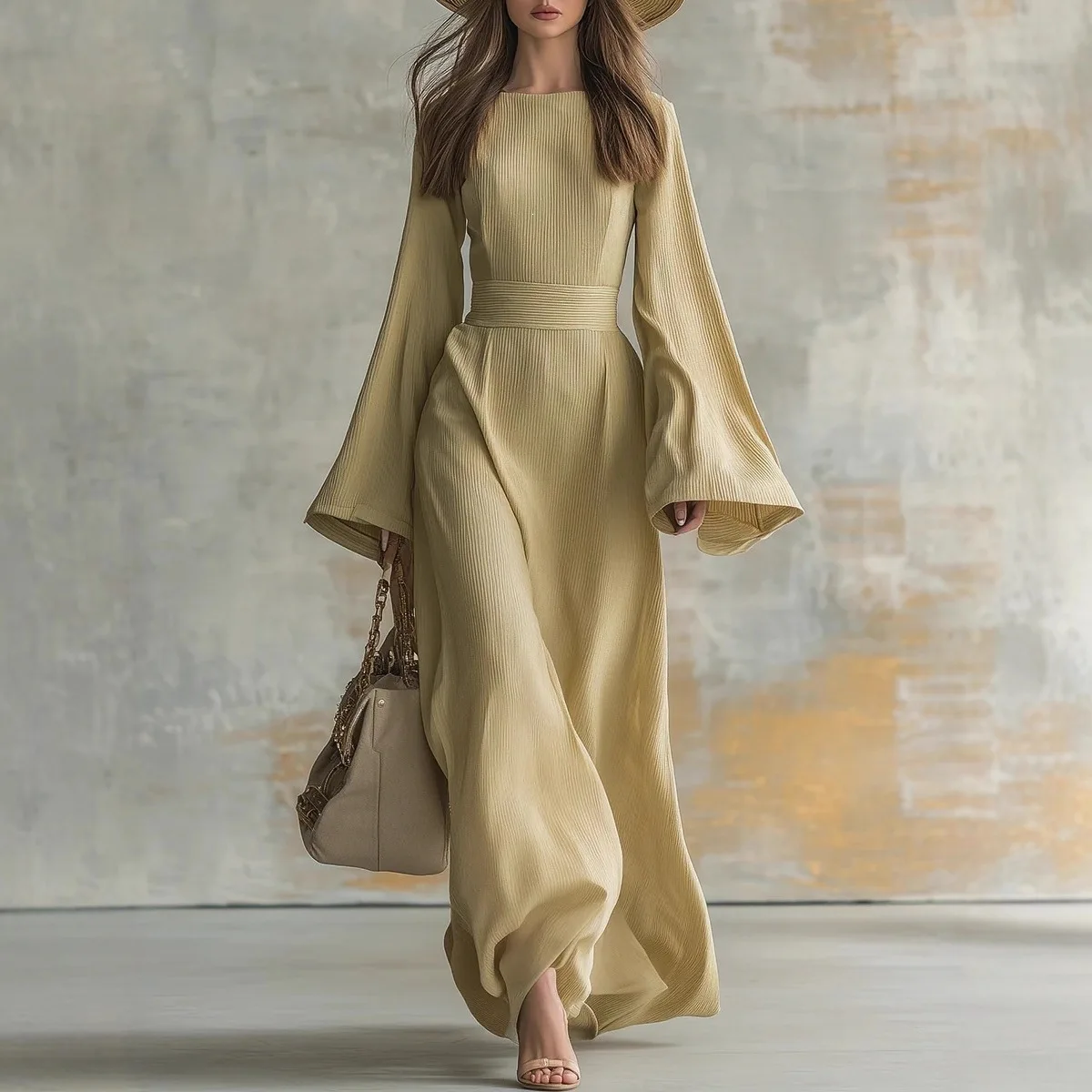 

2026 New Western Cowboy Style Slim Fit Bell Sleeve Casual Long Maxi Dress For Women Vintage Fashion Streetwear Elegant Outfits