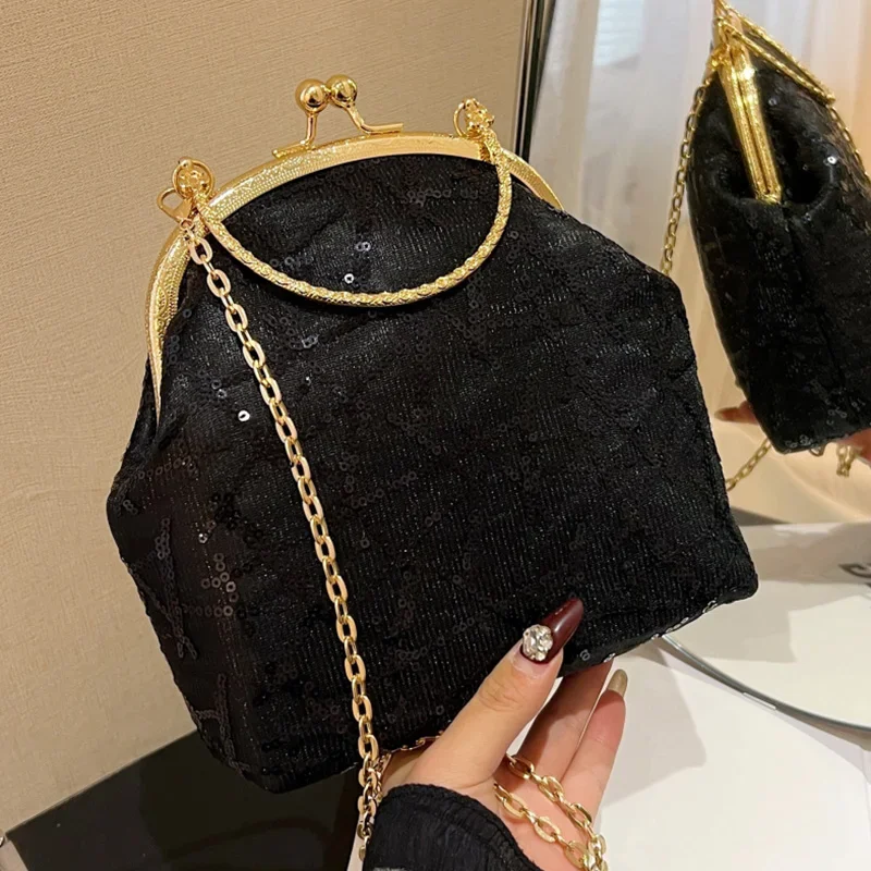 Women Small Kiss Lock Shell Clip Handle Handbag And Purses Chain Strap Crossbody Bags Sequined Messenger Bags White Gold Clutch