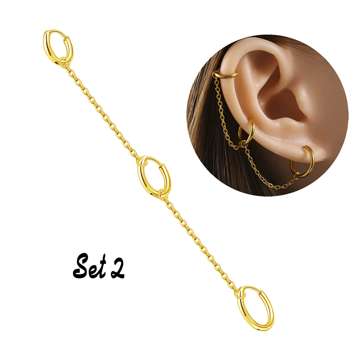 1 Piece A Unique Steel-Colored 18k Gold-Plated Chain Handcuff Hoop Earring With Three Piercings And A Dangling Spiral Pendant