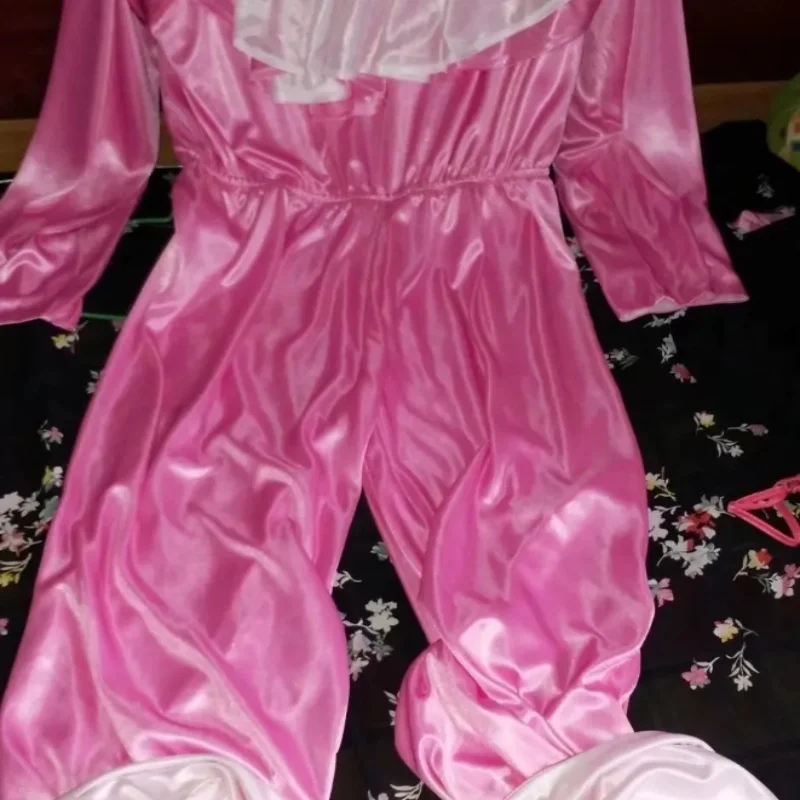 Men's Pink Ice Silk Jumpsuit  Women's Sexy Off Shoulder Double-Sided Silky Bodysuit Wide Leg Pants Long Sleeve Pajamas