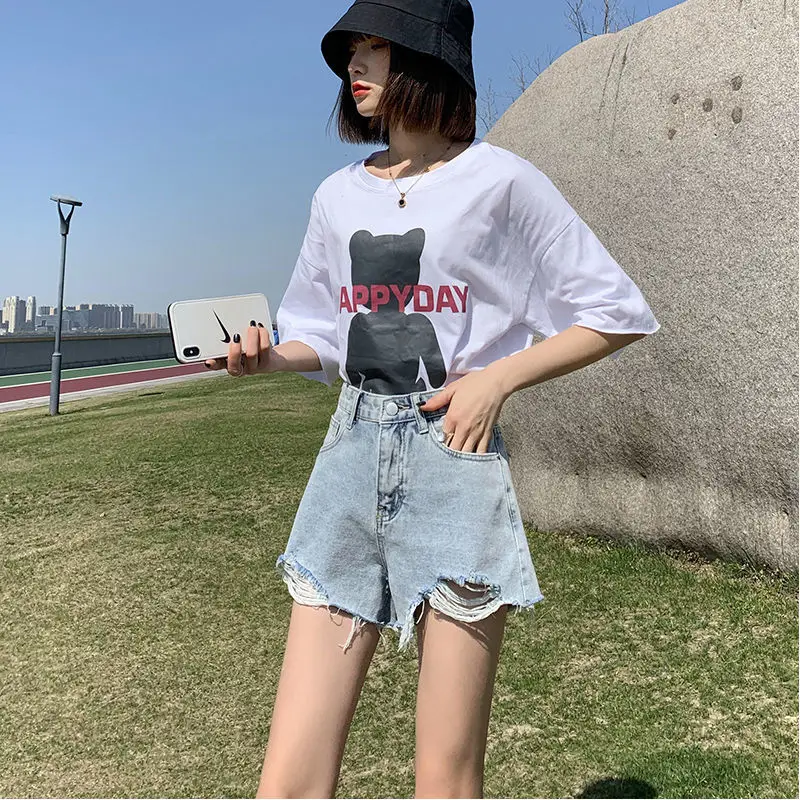 High Waist Summer Trend Patchwork Jeans Women Clothes Casual Buttons Irregular Shorts Femme Korean Pocket Denim Hole Tassel