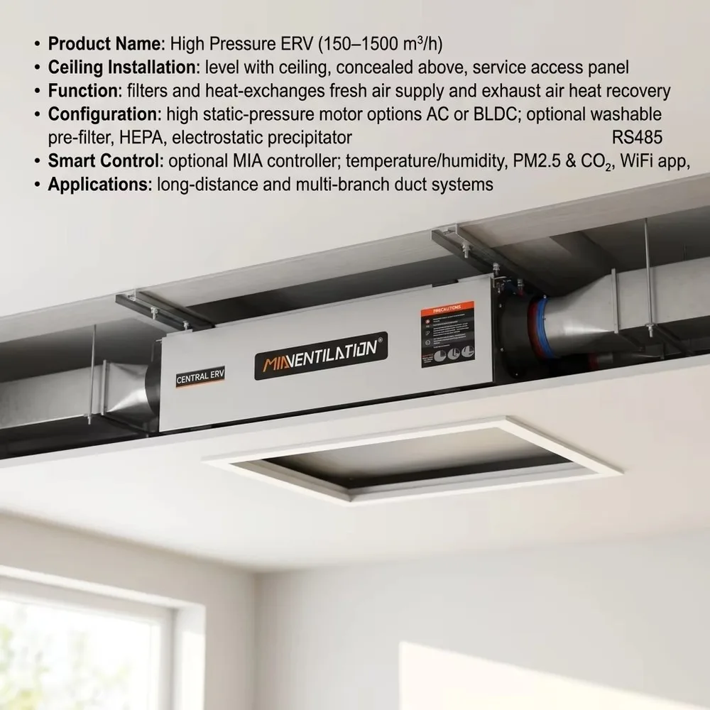 Energy Recovery Ventilator Ceiling ERV Fresh Air Ventilation System HVAC Air Purifier for Home Office Low Noise High