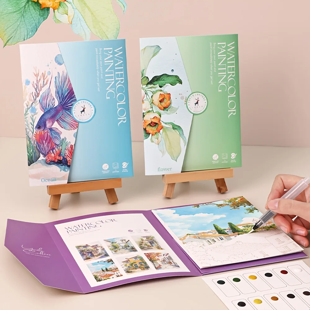 Watercolor Painting Kit, Line Art Drawing Books with Multi-theme Designs, Includes Watercolor Paper, Paint Card for Art Projects