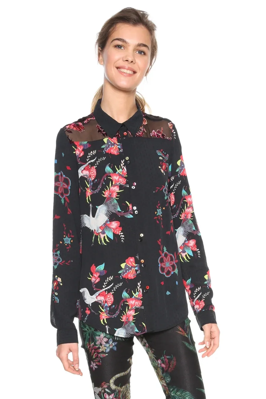 Foreign trade original order Spain D new women's flower and bird print patchwork square neck shirt, lightweight and breathable