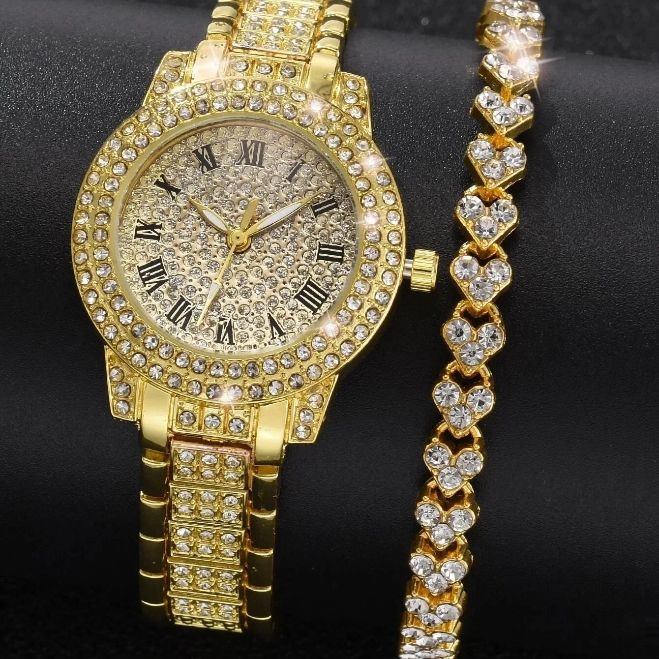 Golden Rhinestone Bracelet Quartz Watch Set Fancy Women Watches Jewelry Sophisticated And Stylish Women Watch