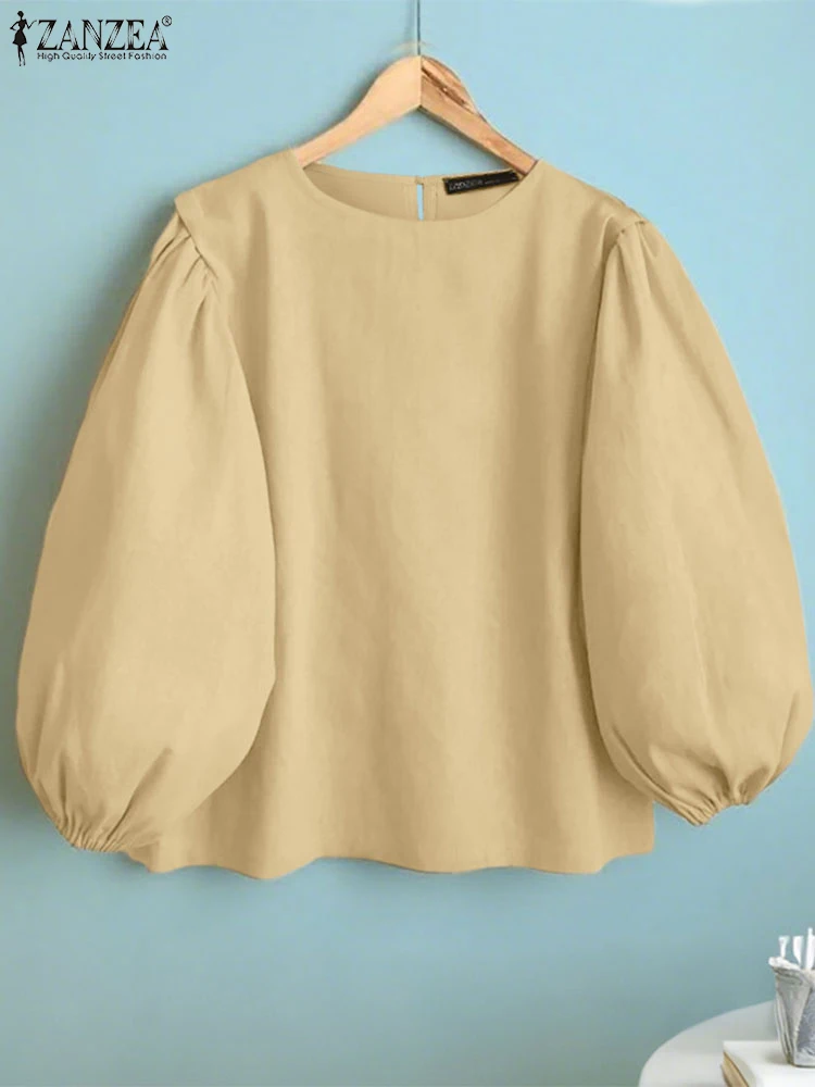 

ZANZEA 2021, осенние повседневные женские блузки с круглым вырезом и рукавами-фонариками 3/4, Blusas Mujer, уличная одежда, шикарные модные однотонные топы