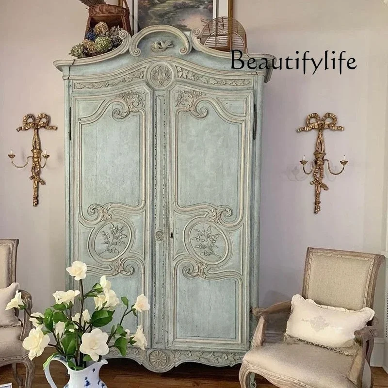 W French Retro Solid Wood Carving Flower Wardrobe American Country Decorative Cabinet Locker Foyer Storage Wardrobe