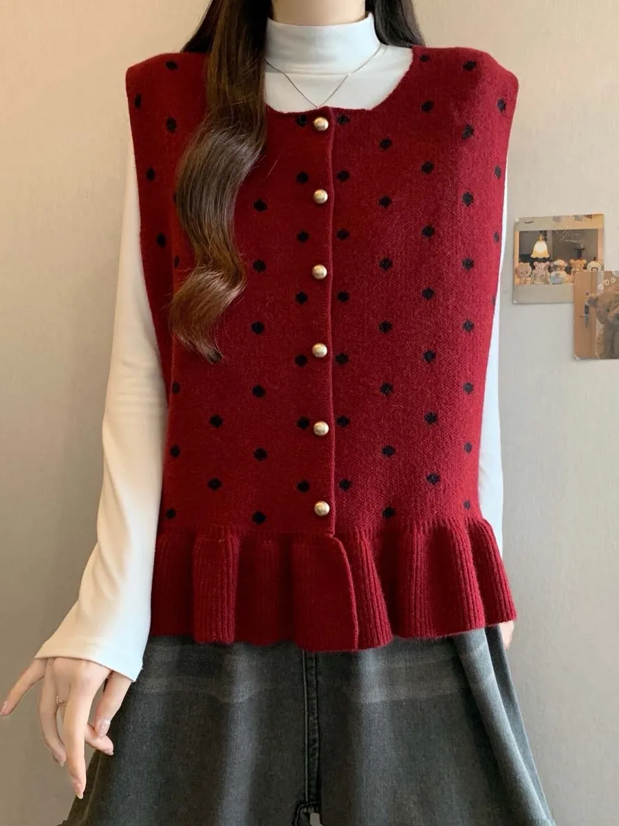 

Женский вязаный жилет в горошек с круглым вырезом, на одной пуговице, с оборками, приталенный, повседневный, с ярким узором, теплый, верхняя одежда