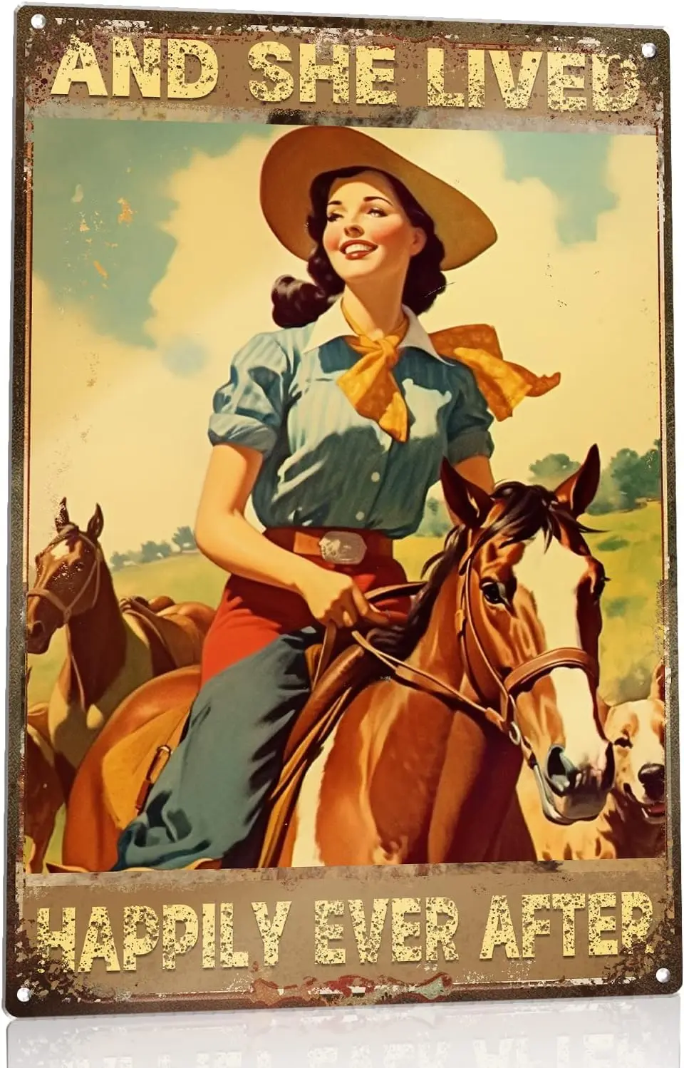 She Lived Happily Ever After Tin Sign Vintage Girl with Horse and Dogs Metal Signs Man Cave Retro Sign Girl Living Room Wal sign