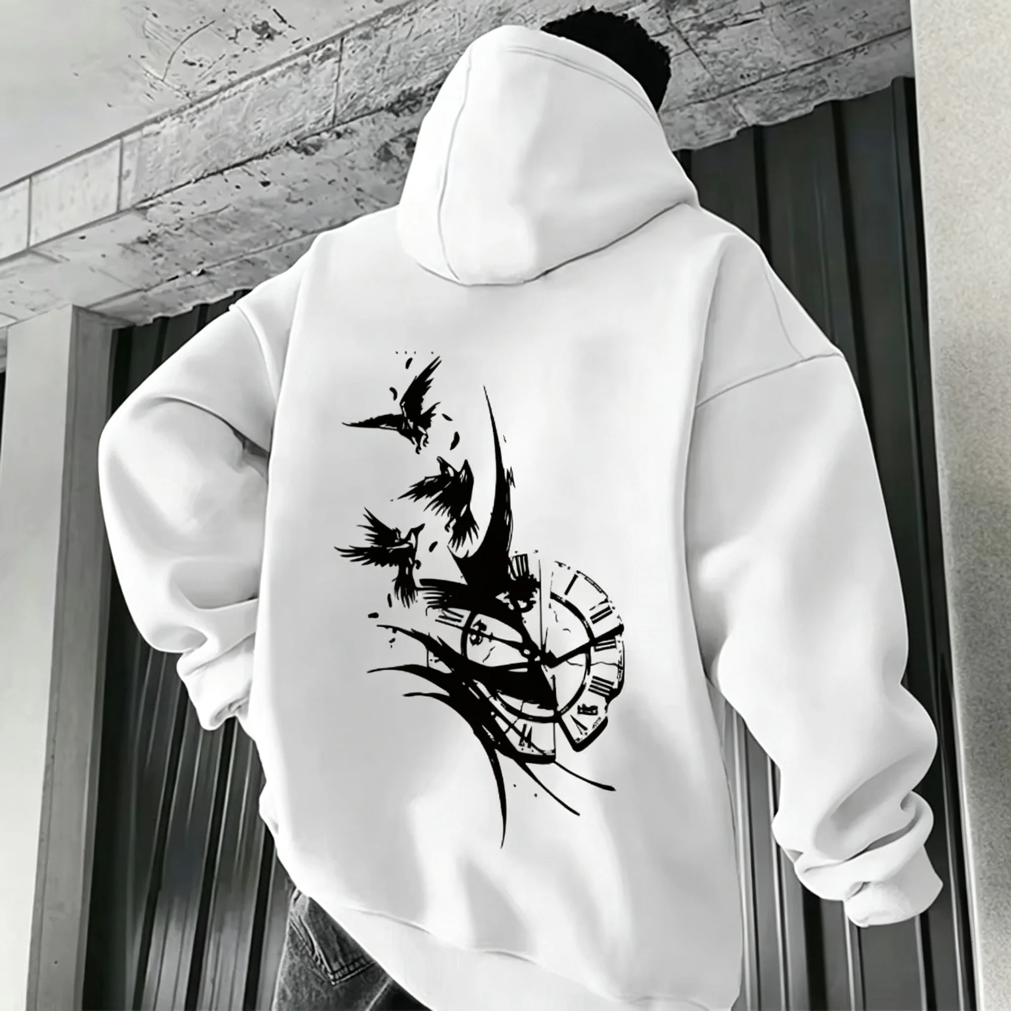 2026 New Unisex Oversized Hoodie Crow Clock Back Print Streetwear Men Women Autumn Winter Pullover Sweatshirt