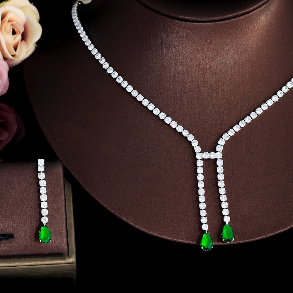 CWWZircons Simple Fashion Dangling Drop Green Cubic Zirconia Women Party Wedding Necklace Jewelry Sets for Brides Accessory T730