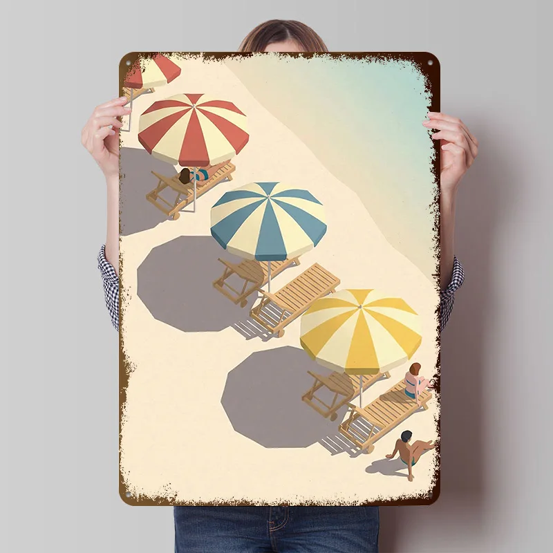 Isometric Beach Scene With Sunbathers Printed Poster Customized Retro Wall Art Vintage Metal Tin Signs for Home Decoration Room