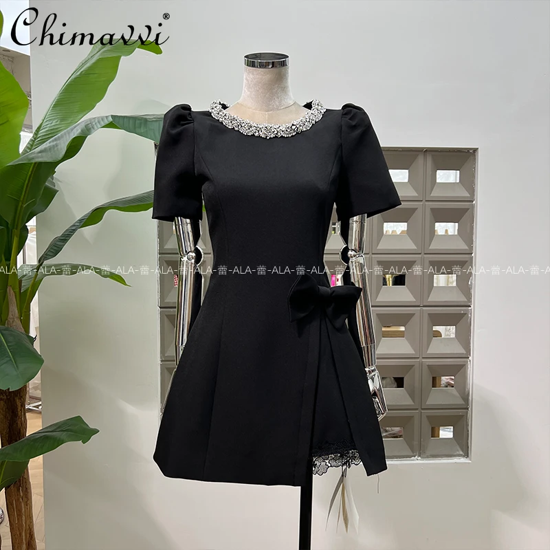 

French Elegant Socialite Party Dresses Bead Diamond Crew Neck Bubble Sleeve High Waist Slim Bow A-line Short Dress Women Summer