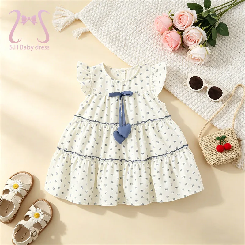 Summer Baby Girls Floral Print Tiered Dress Children Sleeveless Cherry Sundress Kid Sweet Bow Casual Outfit 1-4T Toddler Costume