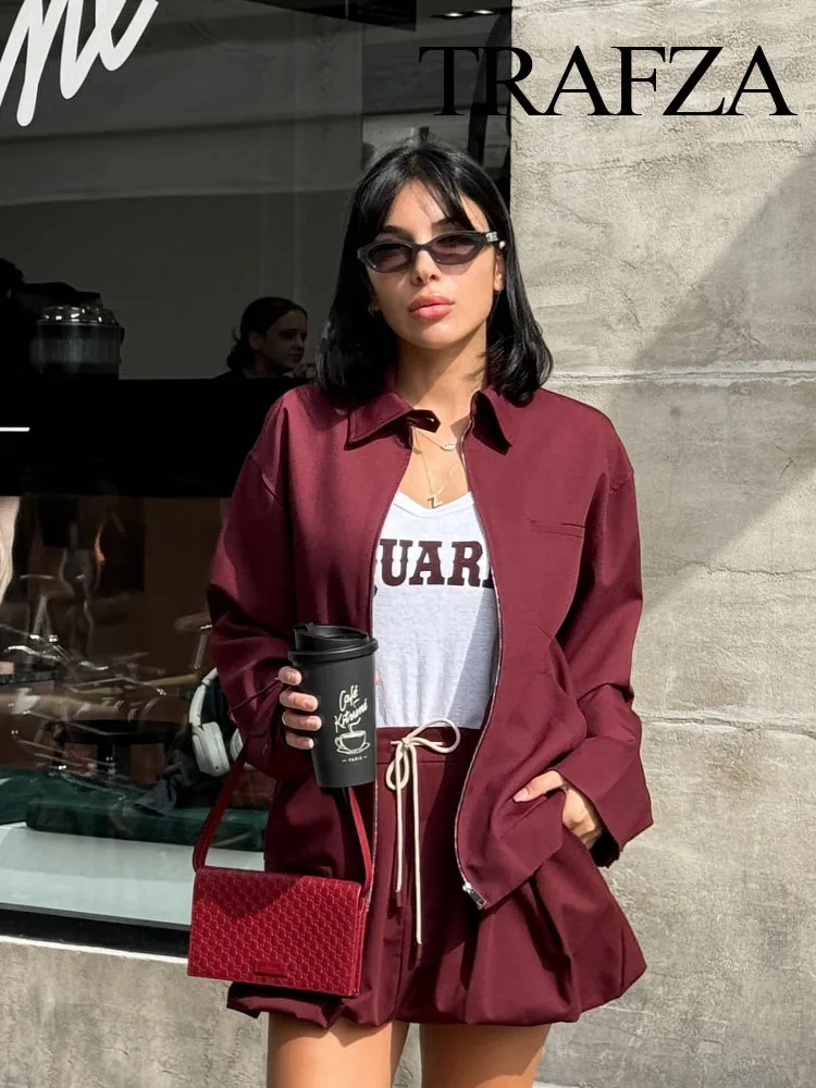 TRAFZA Women Autumn Fashion Suits Wine Red Turn-Down Collar Long Sleeves Pockets Zipper Jackets+High Waist Pockets Lace-Up Skirt