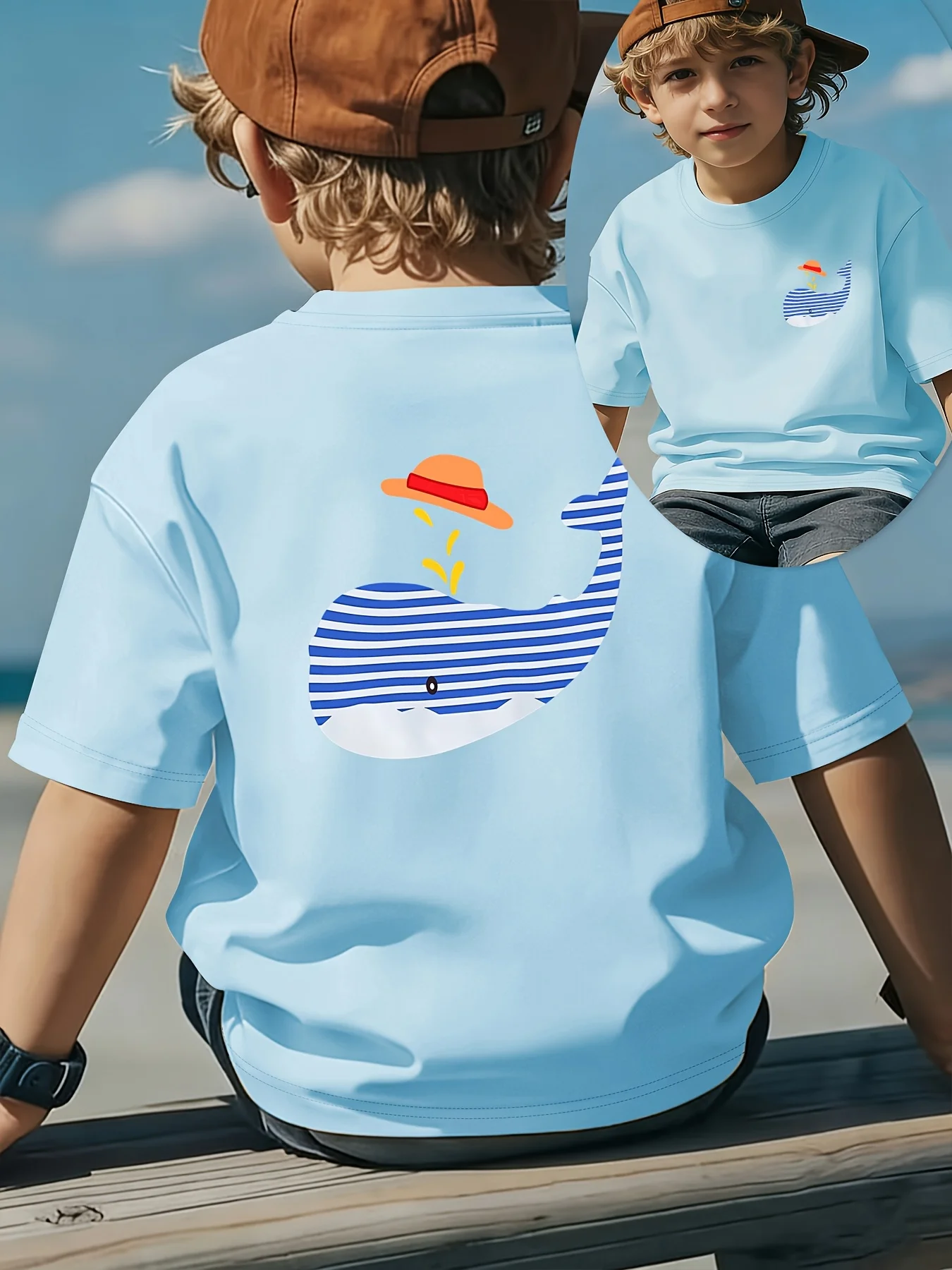 Children's Minimalist Navy Style Striped Blue Whale Summer Hat Pattern Print Summer Round Neck Parent-child Outfit