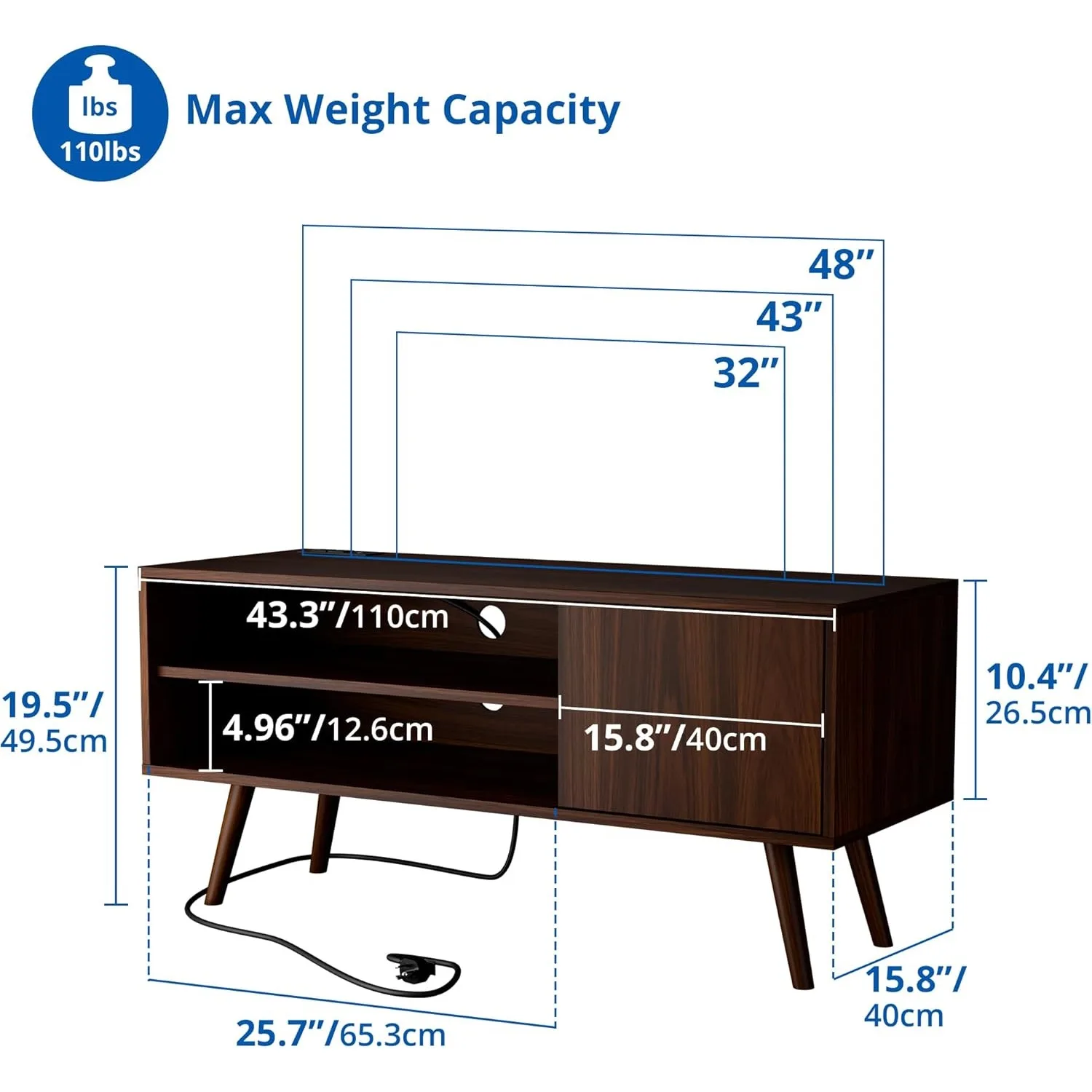 حامل تلفزيون لتلفزيون 48 بوصة، مركز ترفيه حديث لمنتصف القرن مع خزانة تخزين، وحدة تحكم وسائط التلفزيون لغرفة المعيشة #4
