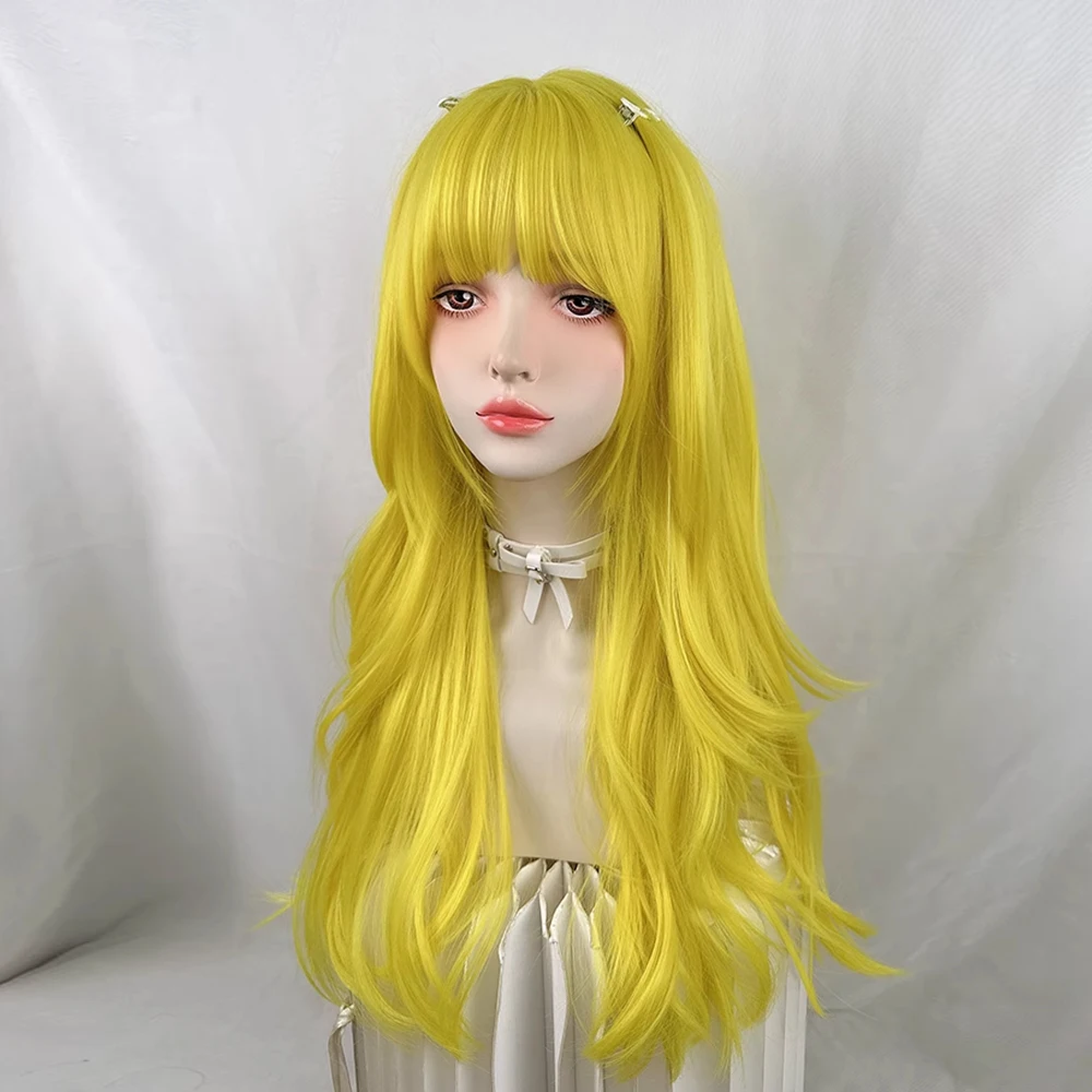 المرأة الاصطناعية الأصفر طويل مستقيم متموج الباروكات مقاومة للحرارة رقيق لوليتا شعر مستعار تأثيري مع الانفجارات للحزب اليومي #4
