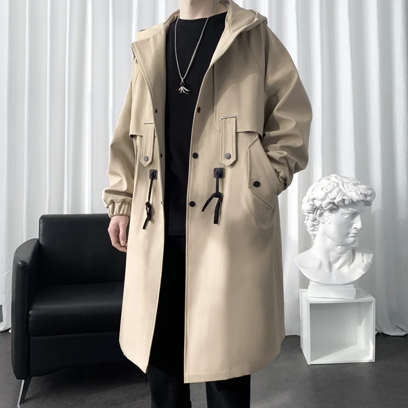 Trench Coat Mens New Fashion Hooded Overcoat Men Casual Windbreaker Solid Male Autumn Handsome College Homme Black/Khaki