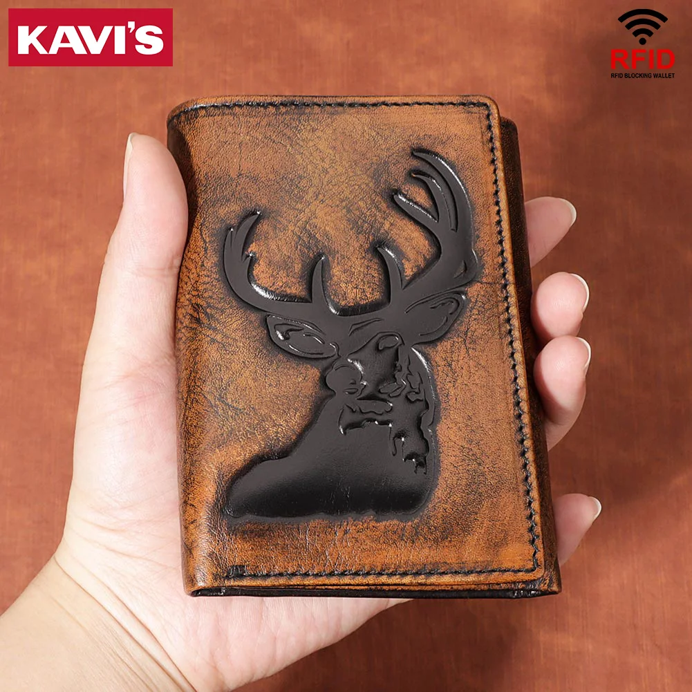 KAVIS Real Leather Wallet for Men Genuine Leather RFID BlockingTrifold Card Holder Purse Multi Function Biker Chain Money Bag