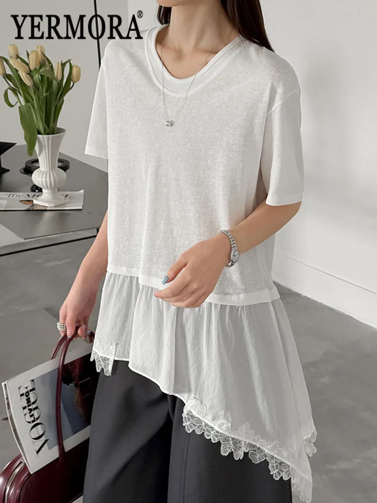 

YERMORA White Irregular Pleated Mesh Hem Casual T-Shirt For Women O-Neck Short Sleeve Loose New Tops Fashion Spring Summer 2026