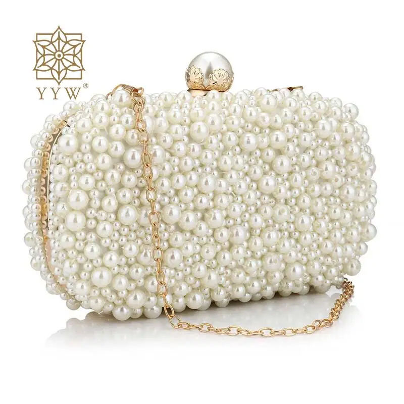 White Pearl Beads Clutch Handbag Vintage Embroidery Women Evening Party Bags Bridal Wedding Messenger Purse Chain Shoulder Bag