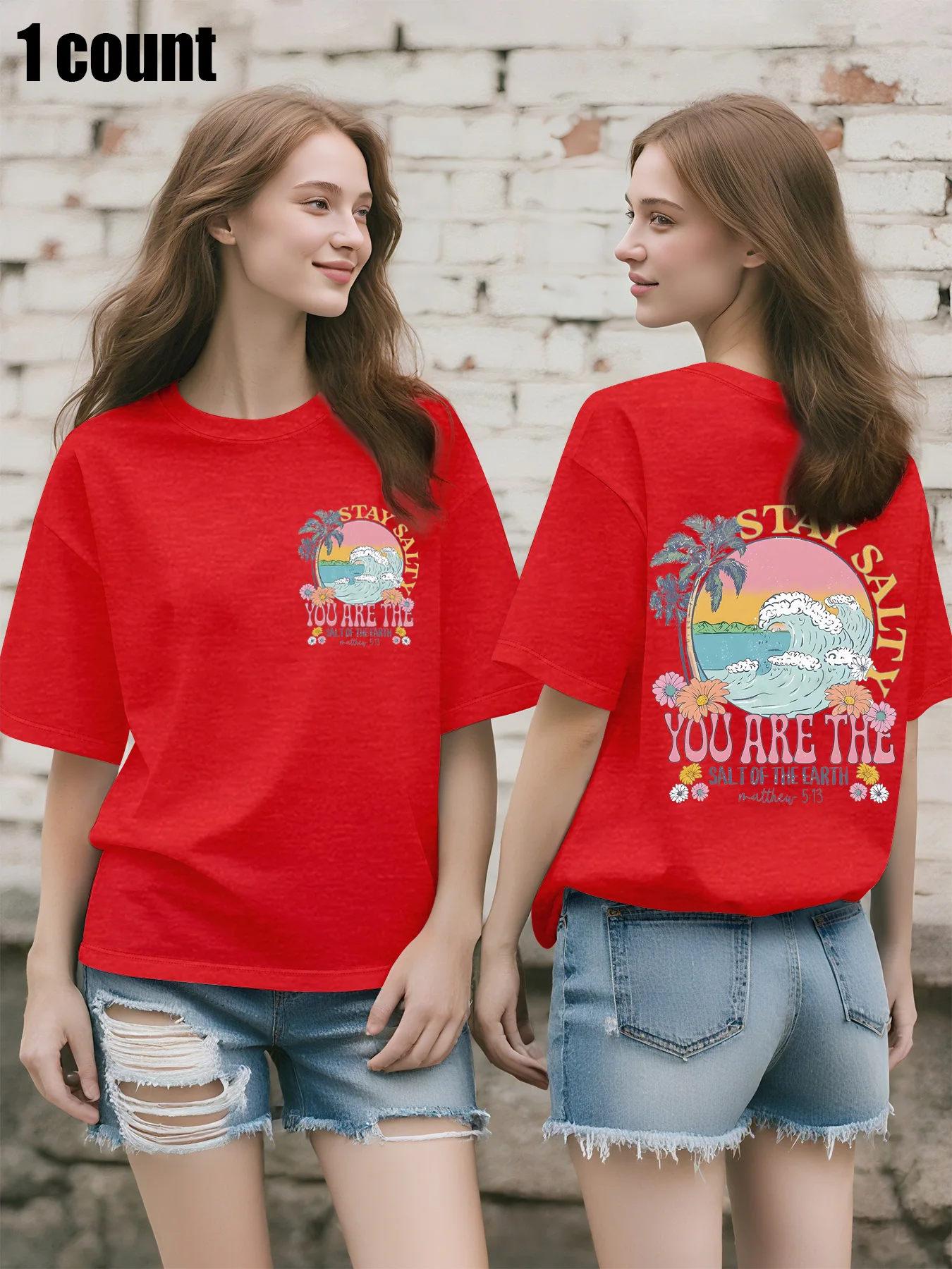 Camiseta feminina plus size, estilo praia de verão, estampa Stay Salty, camisetas gráficas de manga curta soltas e respiráveis tops femininos