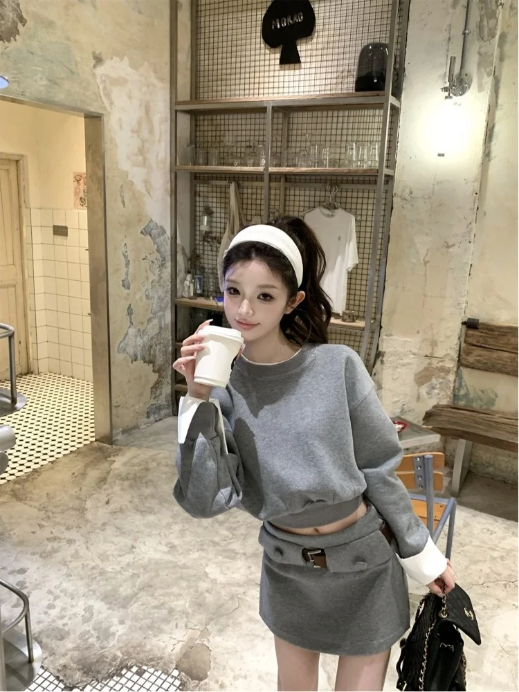 

plus Size Casual Sle Color Blo Long Sve Sweatirt And High Waist Skirt Two Piece Set for Women Spring Season