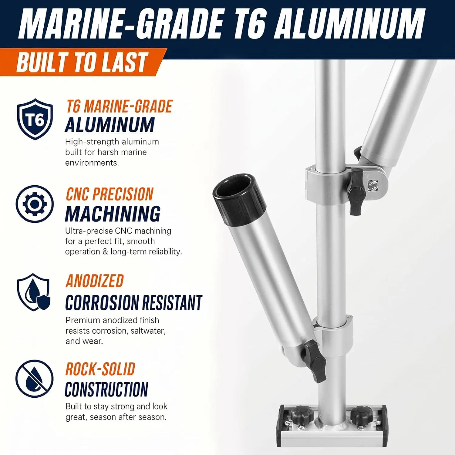 Aluminium-Trolling-Rutenhalter, 3 Ruten, verstellbarer Angelrutenhalter für Boote, 360° ° Drehung 180 ° Neigungs- und Höhenverstellbar – Detail 2