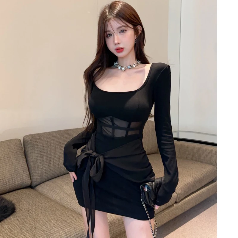فستان ملهى ليلي أسود بأكمام طويلة ورقبة مربعة نحيف شفاف من خلال فستان قصير شبكي مثير للنساء #1
