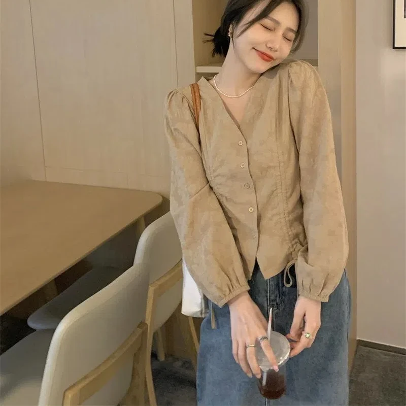 Lazy Fashion Long Sleeve V Neck Blouse Women Clothing Spring Autumn New Solid Color Drawstring Korean Shirt Tops Vintage Elegant