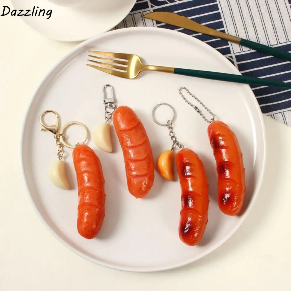 Fun Sausages Keychain Food Model Decorative Hotdog Keychain Barbecue Backpack Sausages and Garlic Petal Pendants Bag Pendants